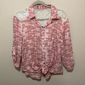 I.N. Studio Petite Women’s Laced Button Down Long  Sleeve Blouse Size MP Pink